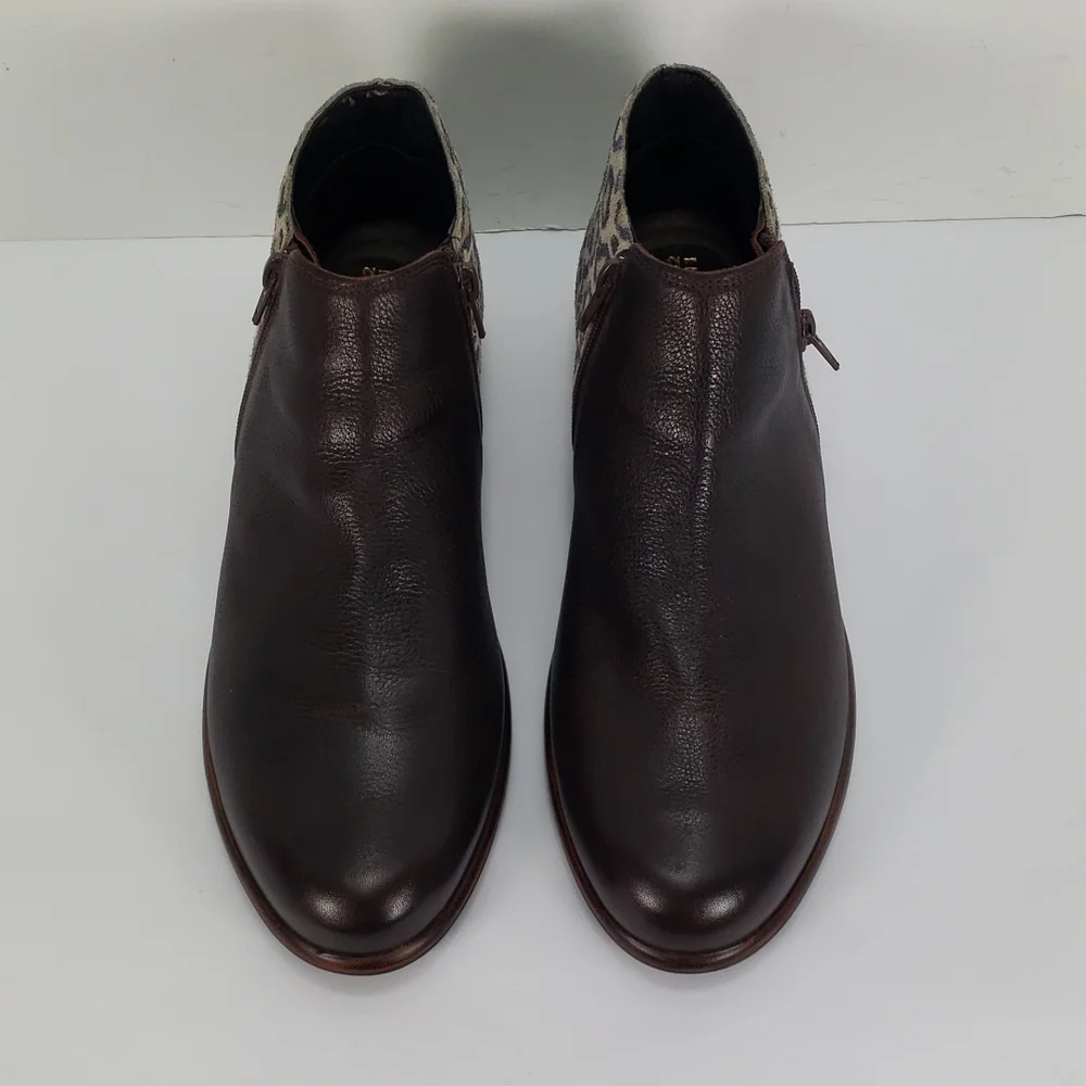 NAOT HELM BROWN LEATHER CHEETAH PRINT SUEDE SIDES ZIP BOOTIES WOMEN'S 42 L 11 - Picture 2 of 11